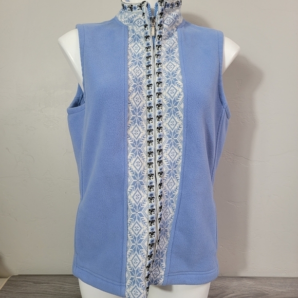 LL Bean Blue Vest Full Zip Size M Fair Isle Trim Knit Fleece Soft Side Pockets - Picture 1 of 11